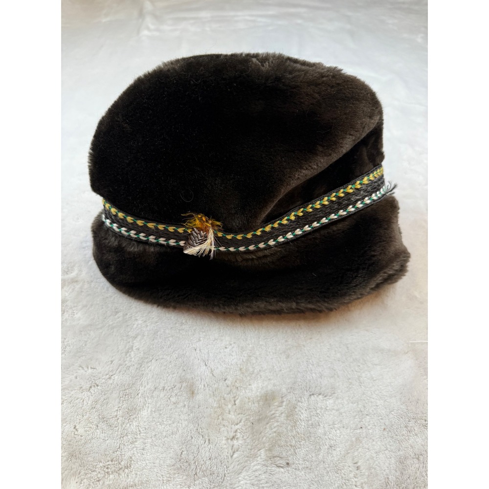 Vintage Brown Faux Fur Bucket Hat Men Medium Union Made Feather Trim USA